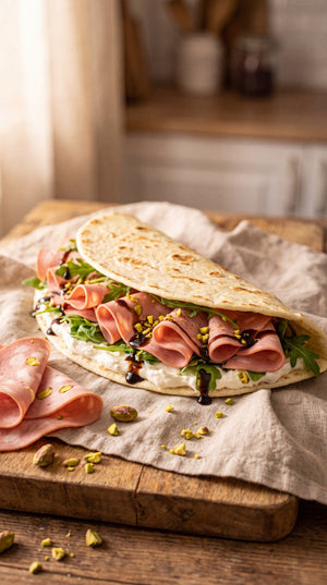 Piadina with Mortadella, Stracchino, Arugula & Balsamic