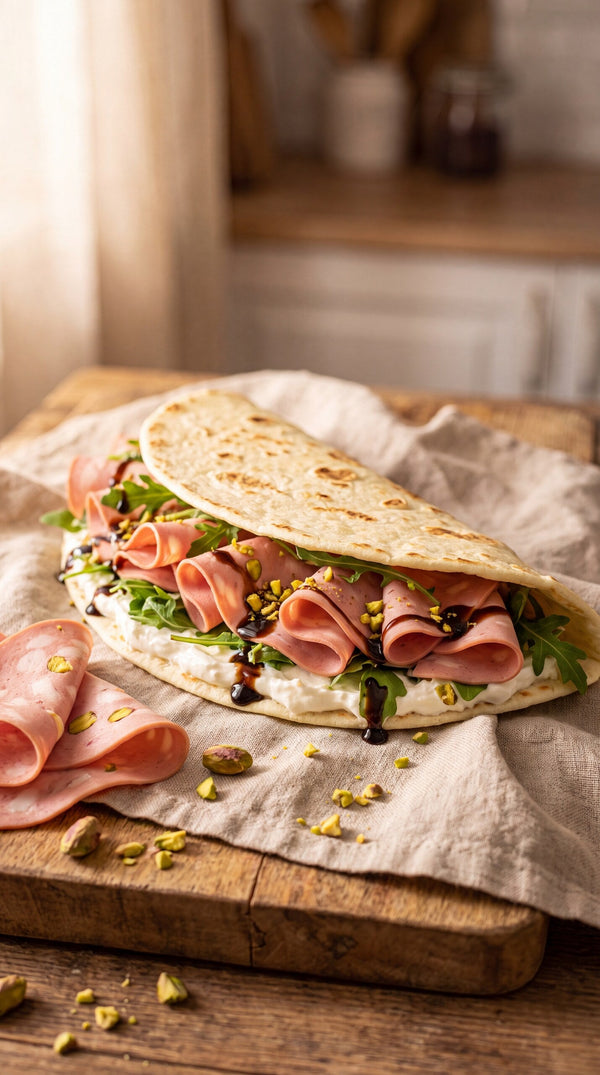 Piadina with Mortadella, Stracchino, Arugula & Balsamic