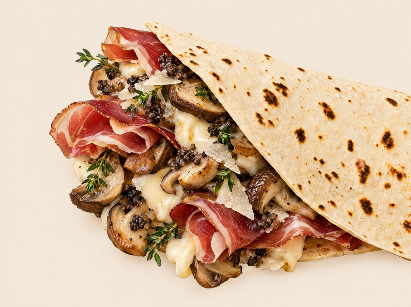 Truffle Piadina with Wild Mushrooms, Fontina & Speck