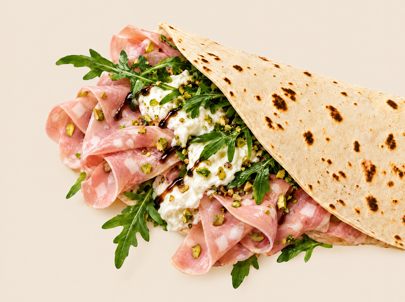 Piadina with Mortadella, Stracchino, Arugula & Balsamic