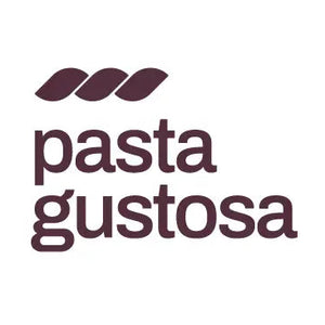 Logo of 'pasta gustosa' with a stylized leaf design above the text on a white background.