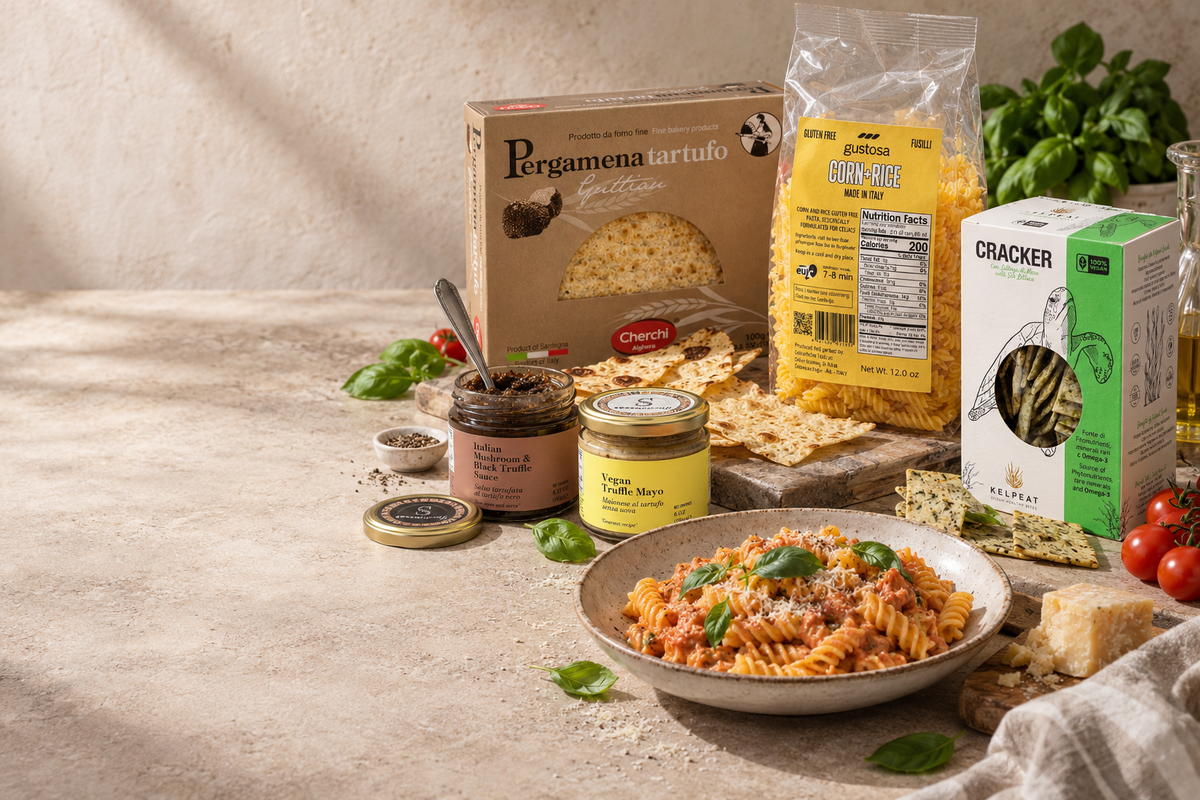 Italian crackers, fusilli and truffle sauces beside a bowl of pasta