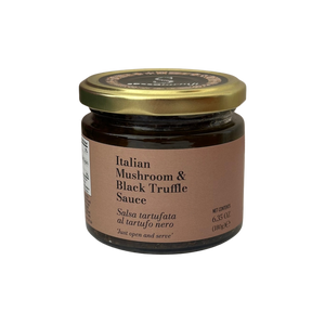 Jar of Italian Mushroom & Black Truffle Sauce with gold lid on a white background