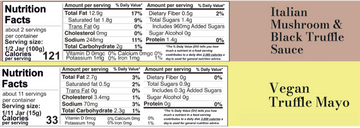 Nutrition labels for Italian Mushroom & Black Truffle Sauce and Vegan Truffle Mayo on a white background.