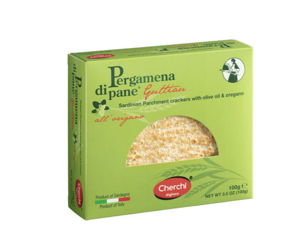 Box of Pergamena di Pane Gattilane crackers on a white background