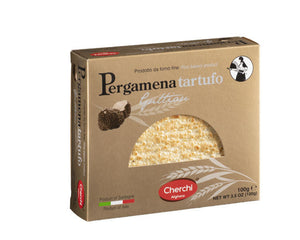 Box of Pergamena tartufi pasta with brand logo on a white background