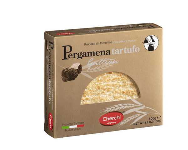 Box of Pergamena tartufi pasta with brand logo on a white background