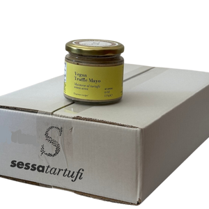Jar of Vegan Truffle Mayo on a white box with 'sessatartufi' branding.