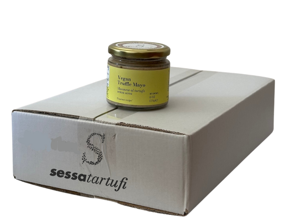 Jar of Vegan Truffle Mayo on a white box with 'sessatartufi' branding.